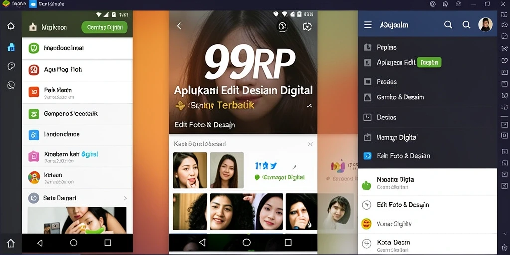 Tampilan antarmuka aplikasi 99RP dengan berbagai fitur Gambar Digital.