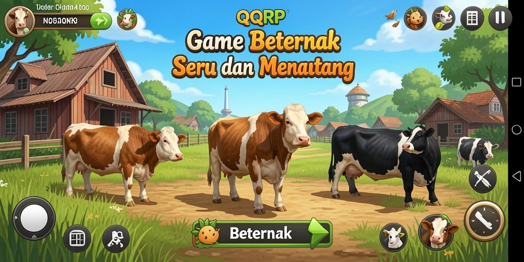 Antarmuka intuitif dan menarik dari QQRP yang menampilkan kegiatan beternak.